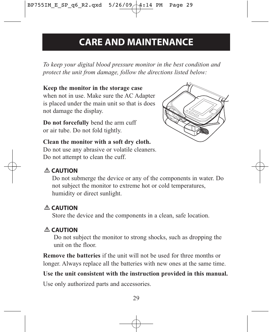 Care and maintenance | Omron Healthcare INTELLISENSE BP755 User Manual | Page 29 / 36