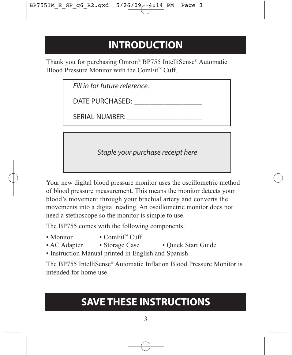 Introduction, Save these instructions | Omron Healthcare INTELLISENSE BP755 User Manual | Page 3 / 36