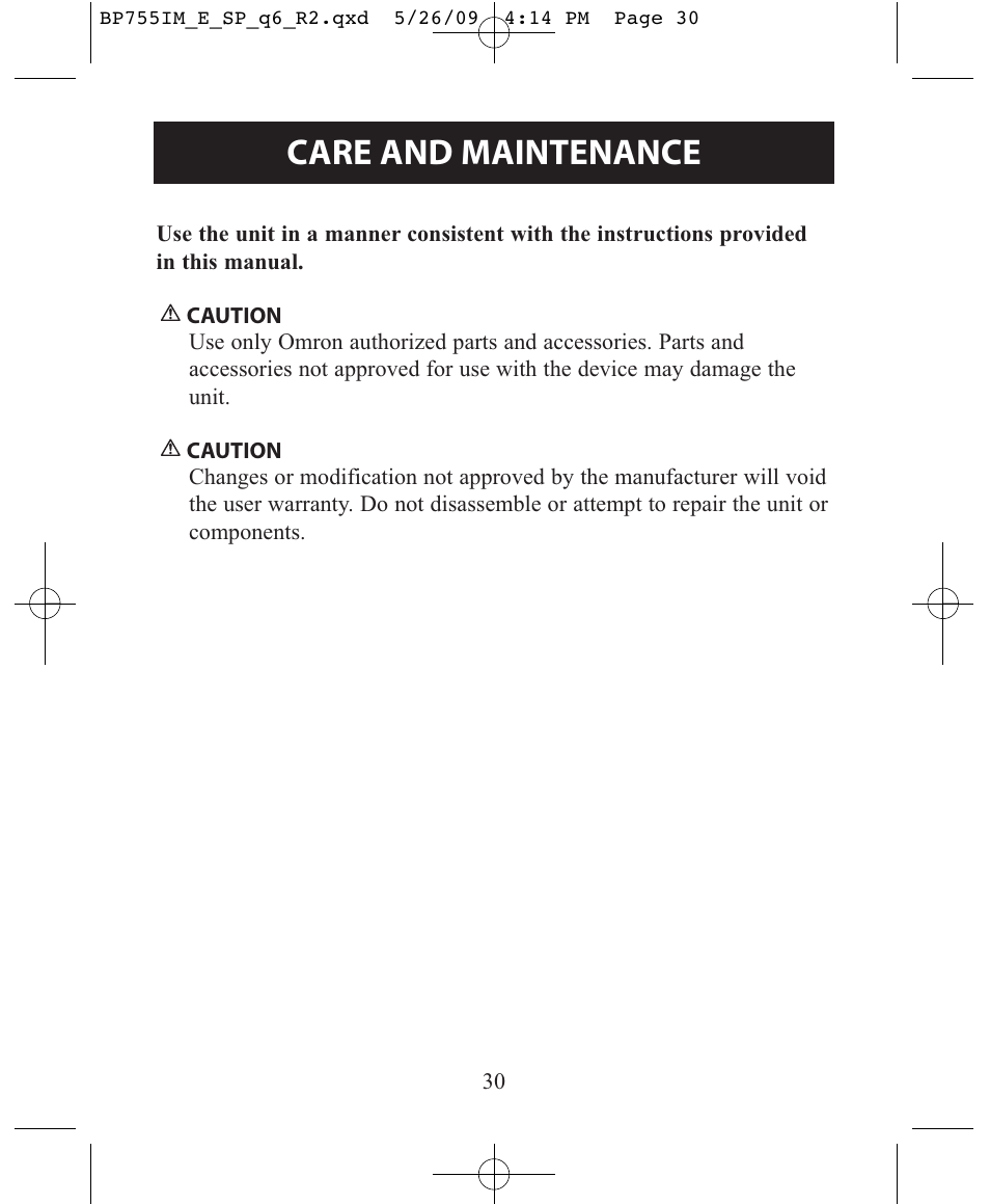 Care and maintenance | Omron Healthcare INTELLISENSE BP755 User Manual | Page 30 / 36