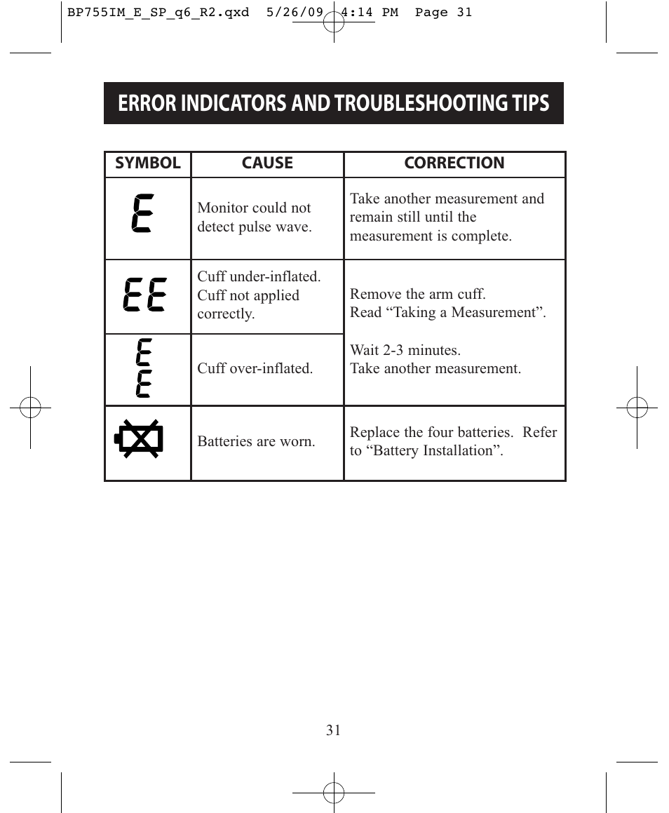 Error indicators and troubleshooting tips | Omron Healthcare INTELLISENSE BP755 User Manual | Page 31 / 36