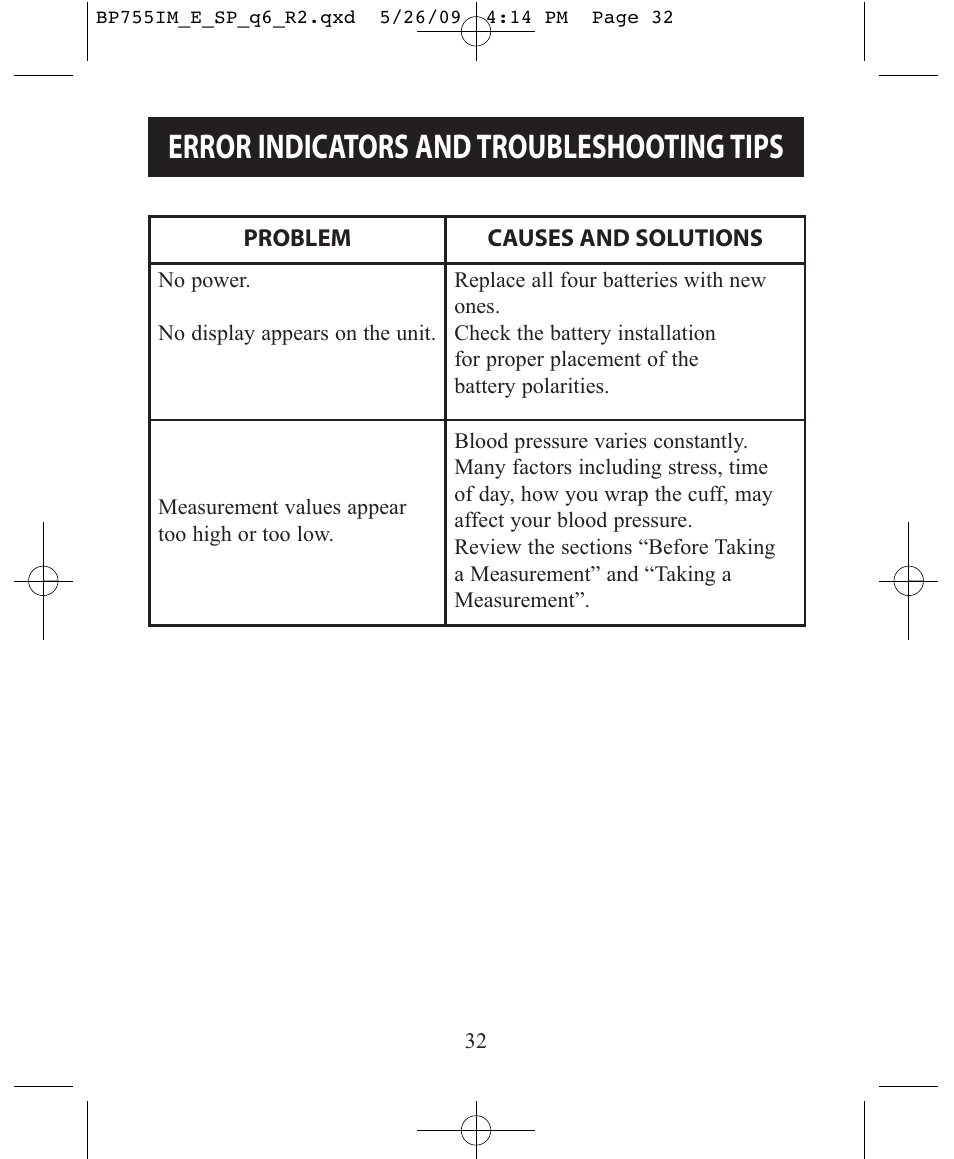 Error indicators and troubleshooting tips | Omron Healthcare INTELLISENSE BP755 User Manual | Page 32 / 36
