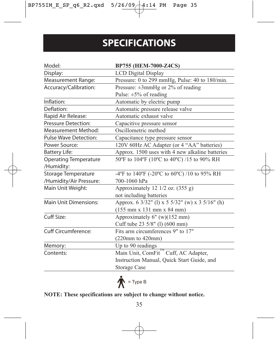 Specifications | Omron Healthcare INTELLISENSE BP755 User Manual | Page 35 / 36