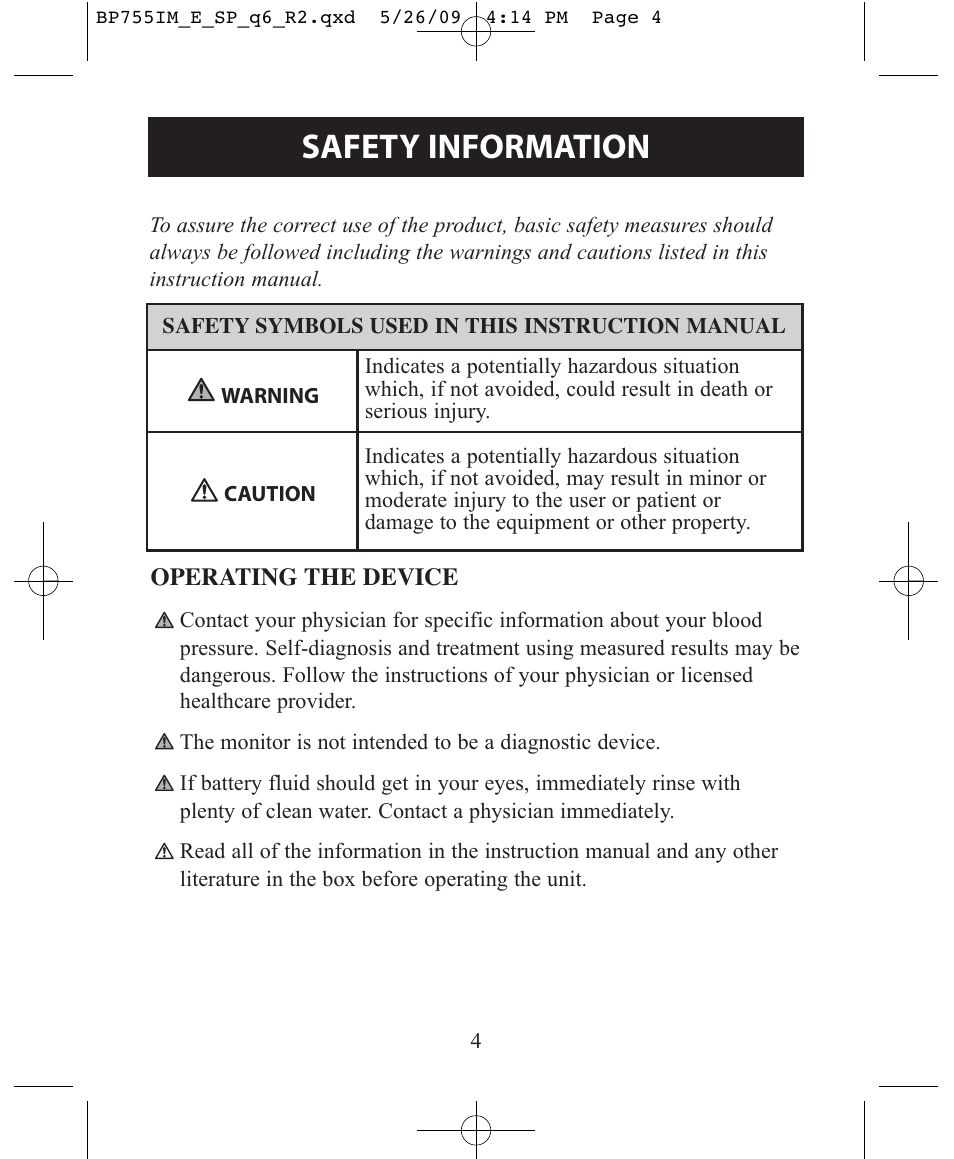 Safety information | Omron Healthcare INTELLISENSE BP755 User Manual | Page 4 / 36