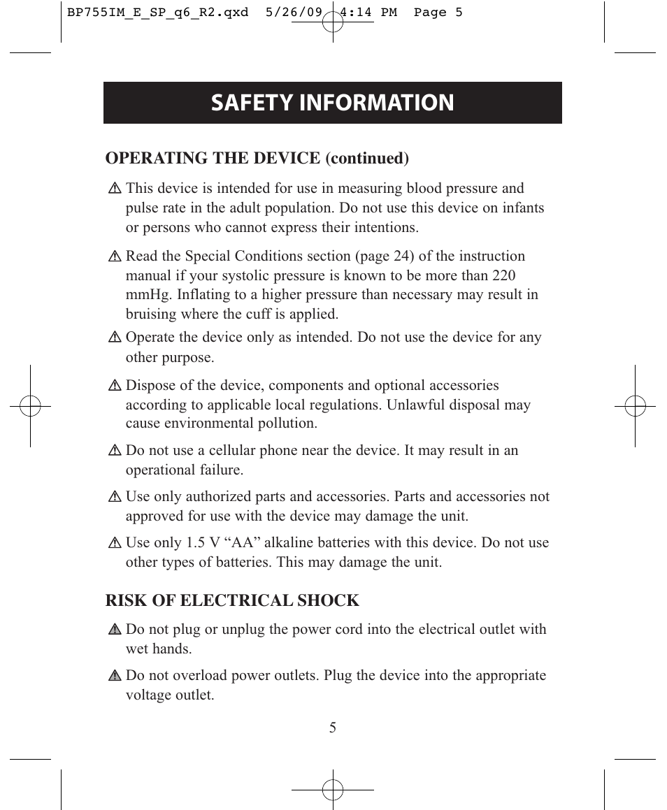 Safety information | Omron Healthcare INTELLISENSE BP755 User Manual | Page 5 / 36