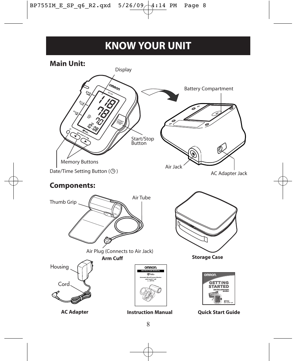 Know your unit, Main unit, Components | Operating instructions | Omron Healthcare INTELLISENSE BP755 User Manual | Page 8 / 36