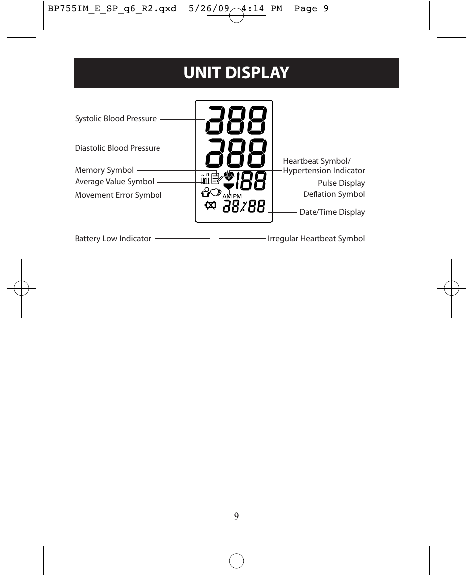 Unit display | Omron Healthcare INTELLISENSE BP755 User Manual | Page 9 / 36