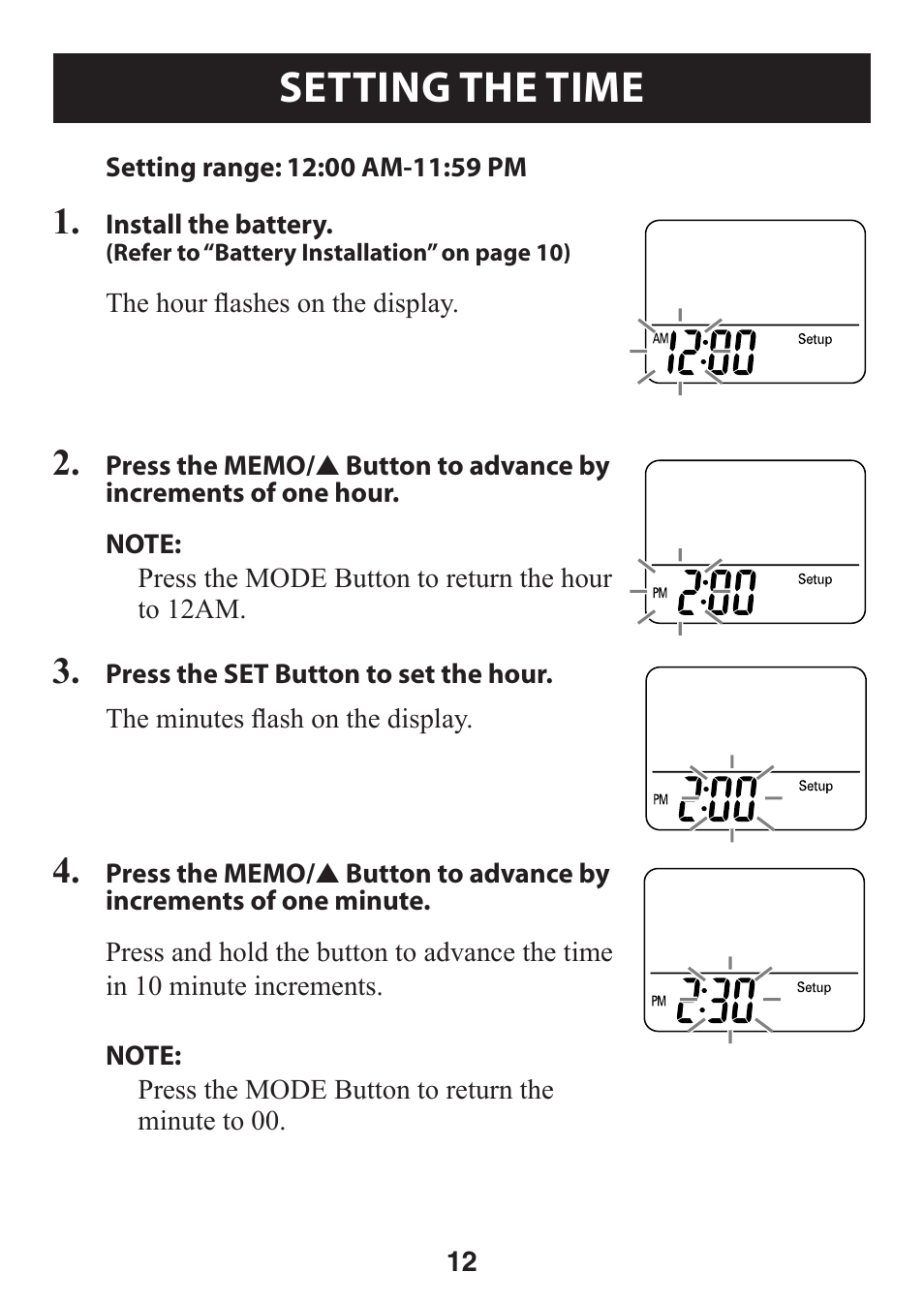 Setting the time, Setting.the.time | Omron Healthcare GOSMART HJ-112 User Manual | Page 12 / 28