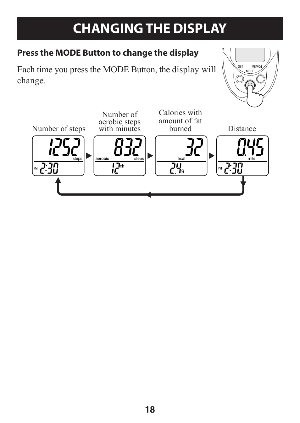 Changing the display, Changing.the.display | Omron Healthcare GOSMART HJ-112 User Manual | Page 18 / 28