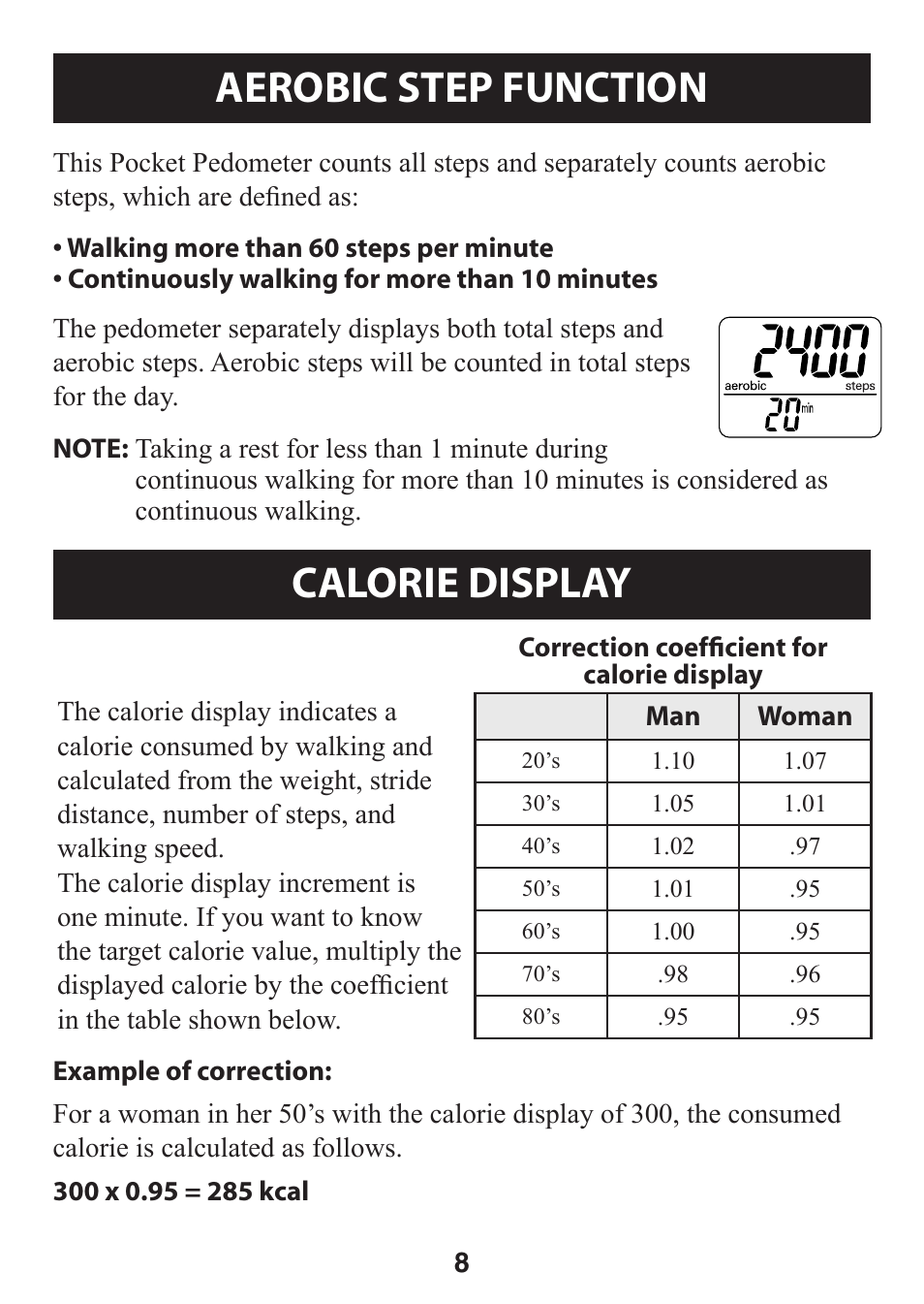 Aerobic step function, Calorie display, Aerobic.step.function calorie.display | Omron Healthcare GOSMART HJ-112 User Manual | Page 8 / 28