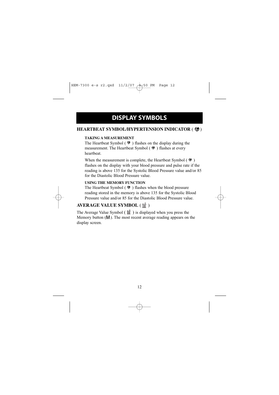 Display symbols | Omron Healthcare ELITE 7300W User Manual | Page 12 / 42