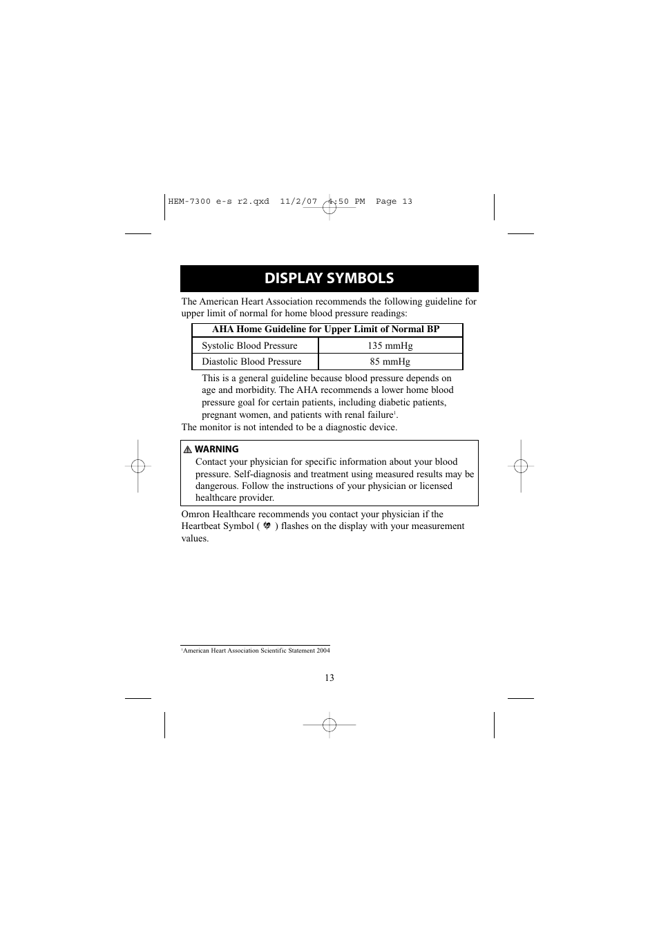 Display symbols | Omron Healthcare ELITE 7300W User Manual | Page 13 / 42