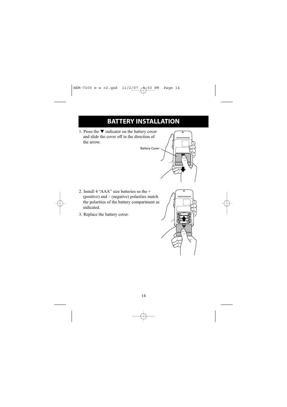 Battery installation | Omron Healthcare ELITE 7300W User Manual | Page 14 / 42