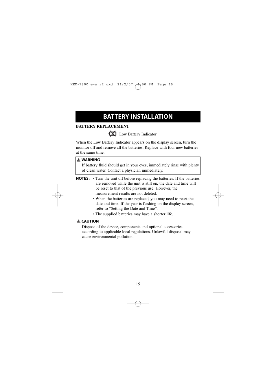 Battery installation | Omron Healthcare ELITE 7300W User Manual | Page 15 / 42