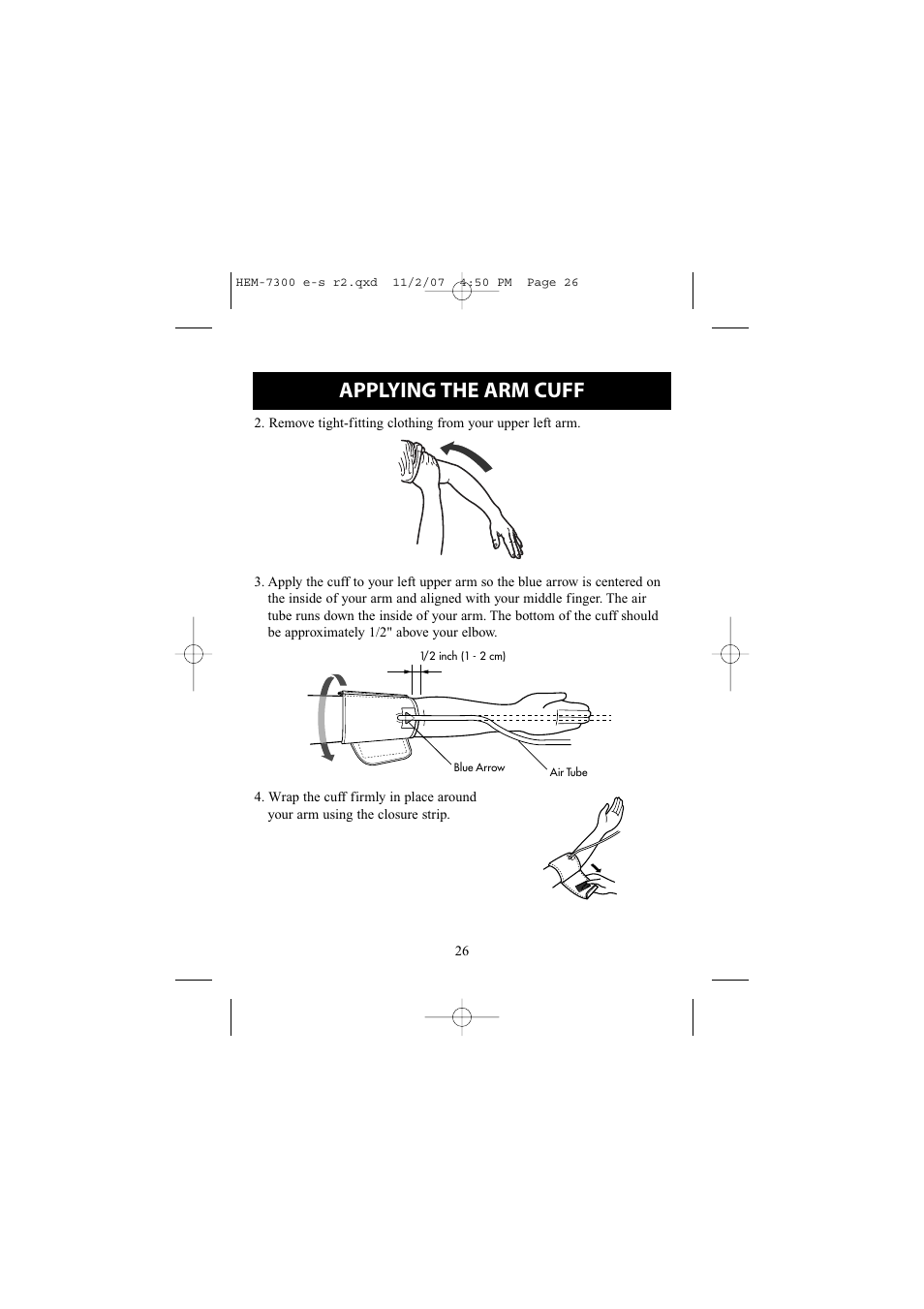 Applying the arm cuff | Omron Healthcare ELITE 7300W User Manual | Page 26 / 42