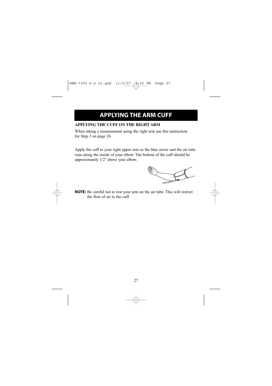 Applying the arm cuff | Omron Healthcare ELITE 7300W User Manual | Page 27 / 42