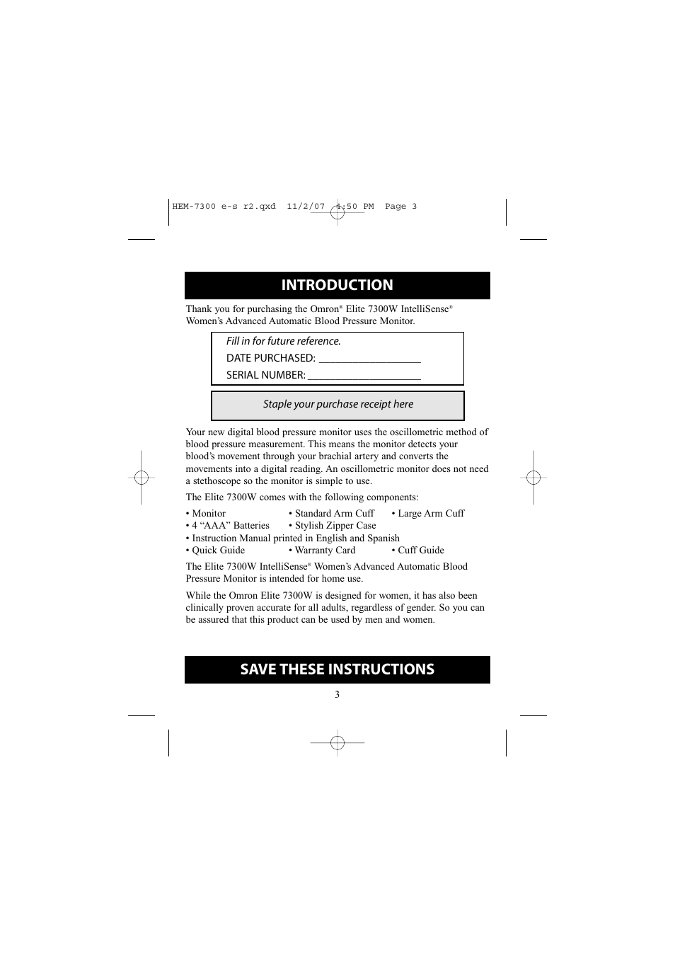 Introduction, Save these instructions | Omron Healthcare ELITE 7300W User Manual | Page 3 / 42