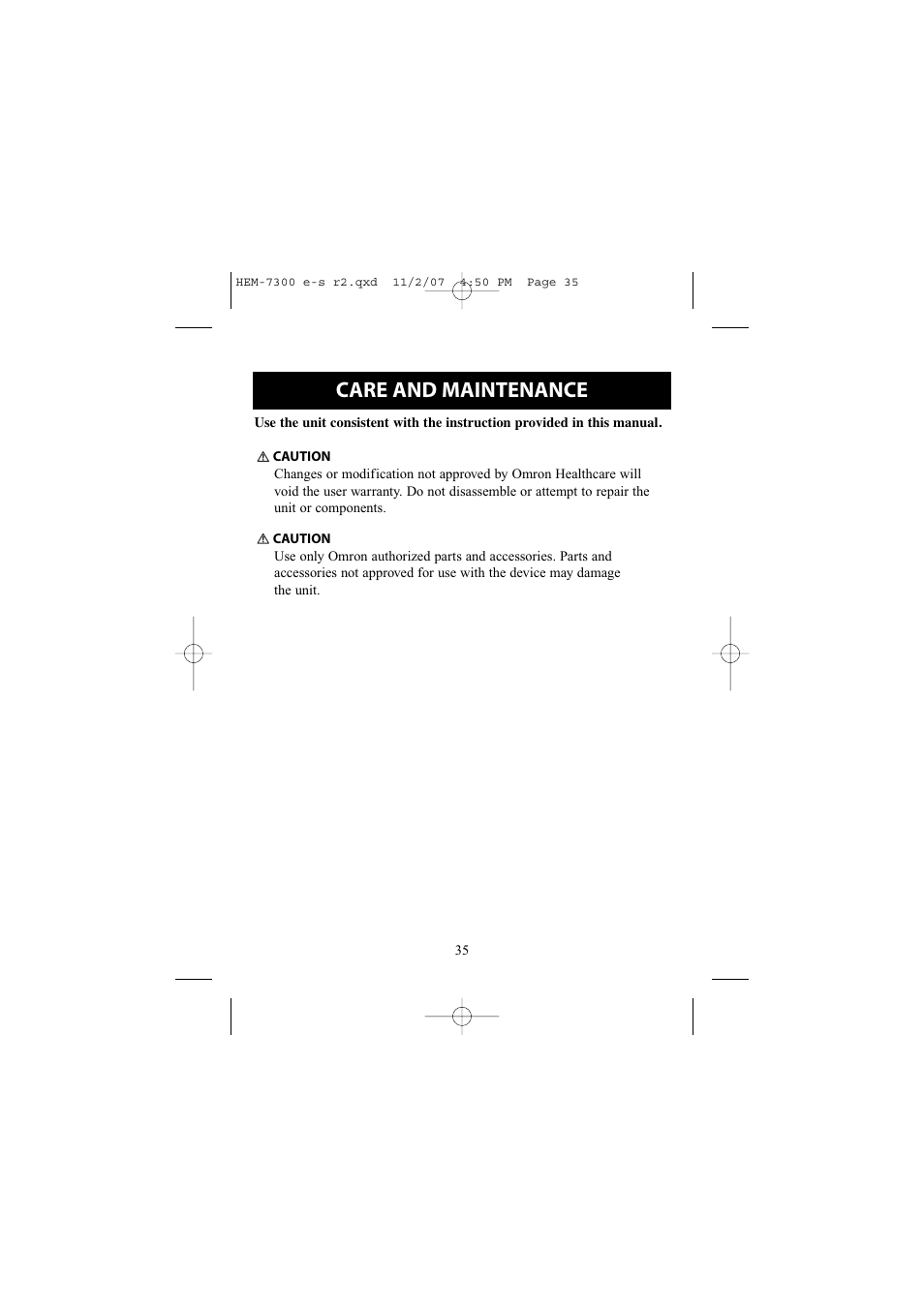 Care and maintenance | Omron Healthcare ELITE 7300W User Manual | Page 35 / 42