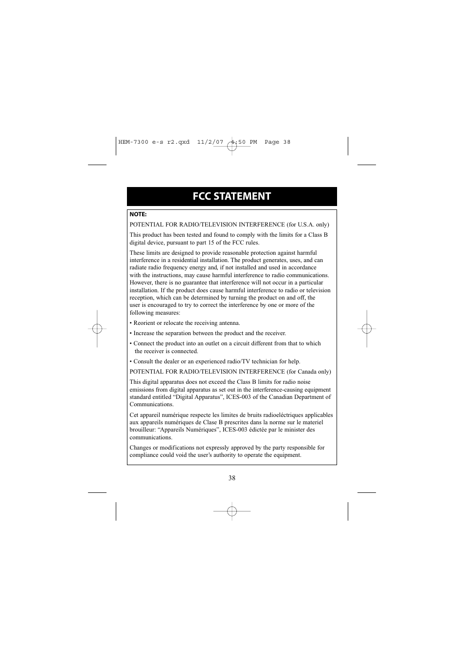 Fcc statement | Omron Healthcare ELITE 7300W User Manual | Page 38 / 42