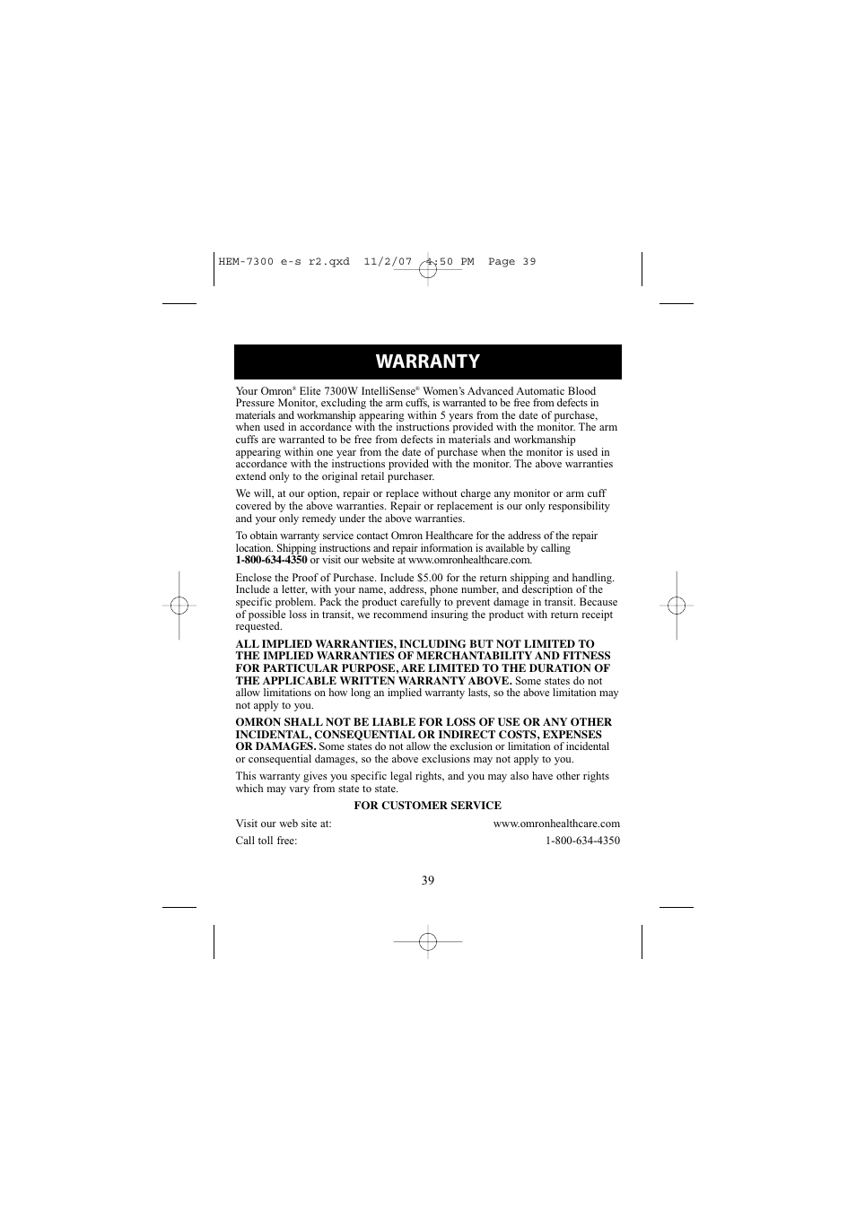 Warranty | Omron Healthcare ELITE 7300W User Manual | Page 39 / 42