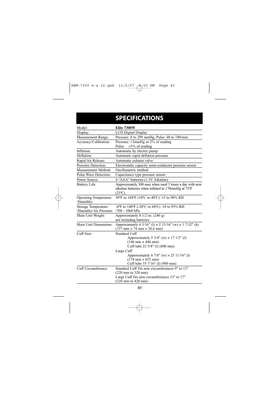 Product specifications, Specifications | Omron Healthcare ELITE 7300W User Manual | Page 40 / 42