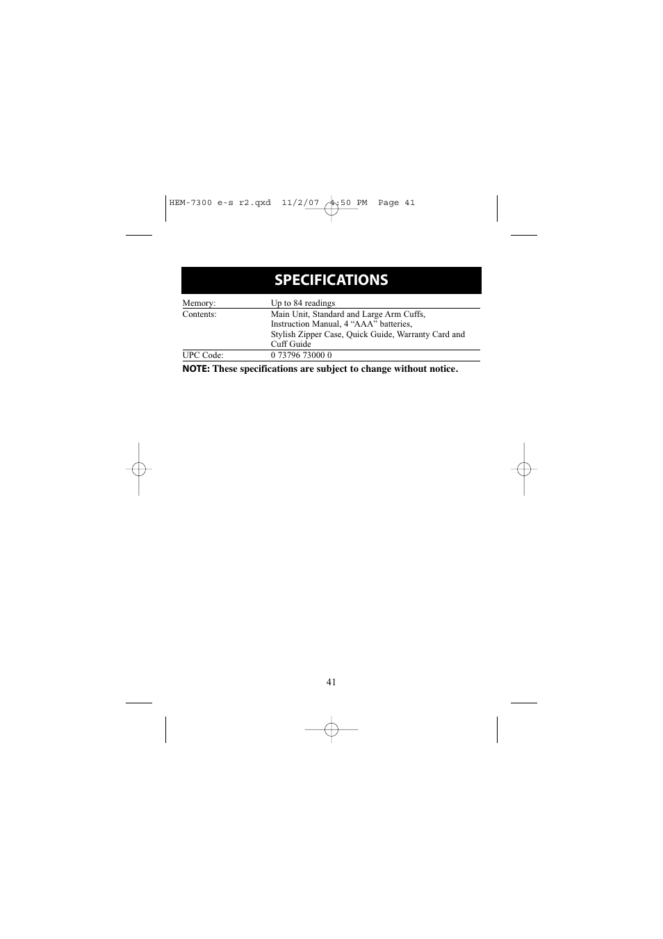 Specifications | Omron Healthcare ELITE 7300W User Manual | Page 41 / 42