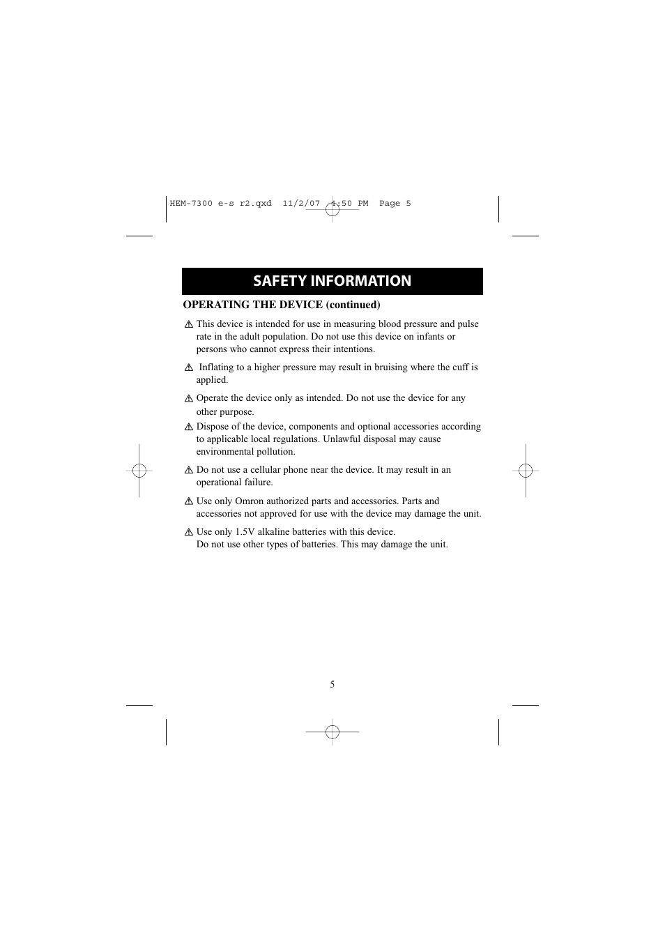 Safety information | Omron Healthcare ELITE 7300W User Manual | Page 5 / 42