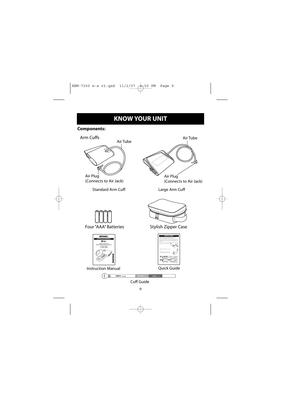 Know your unit, Components: arm cuffs, Stylish zipper case four “aaa” batteries | Air tube air plug (connects to air jack), Instruction manual, Quick guide | Omron Healthcare ELITE 7300W User Manual | Page 9 / 42