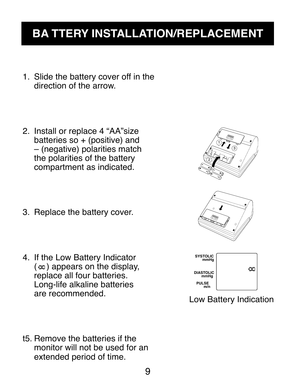 Ba ttery installation/replacement, Low battery indication | Omron Healthcare AUTOMATIC DIGITAL HEM-739 User Manual | Page 10 / 26