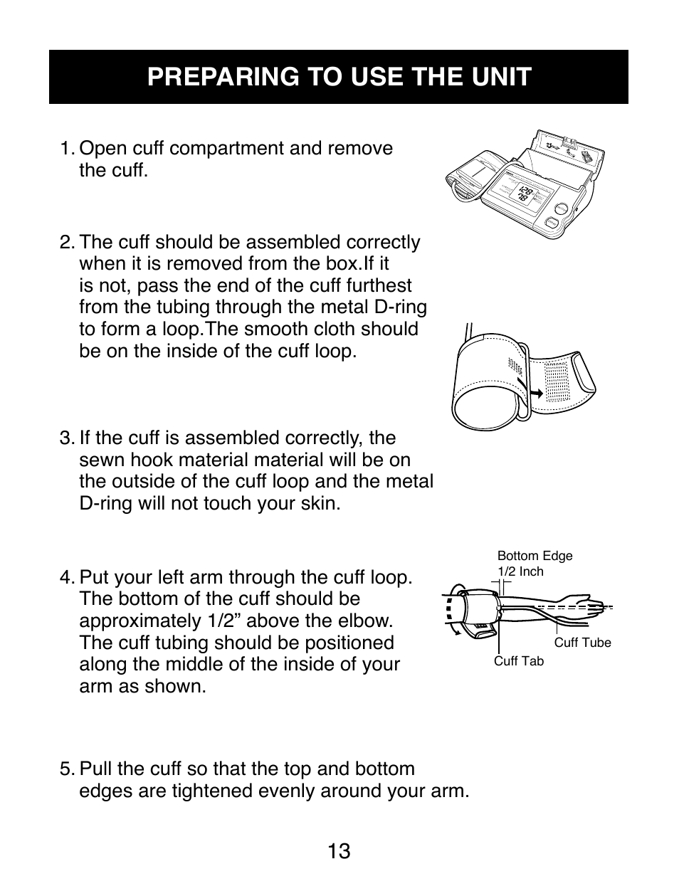 Preparing to use the unit, Bottom edge 1/2 inch cuff tube cuff tab | Omron Healthcare AUTOMATIC DIGITAL HEM-739 User Manual | Page 14 / 26