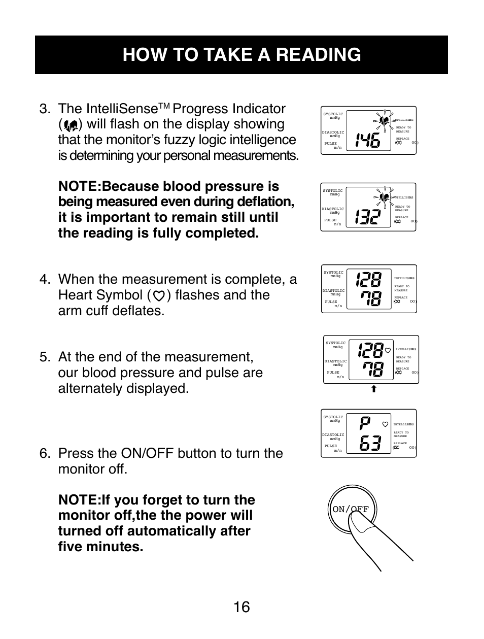 How to take a reading, The intellisense, On/off | Omron Healthcare AUTOMATIC DIGITAL HEM-739 User Manual | Page 17 / 26