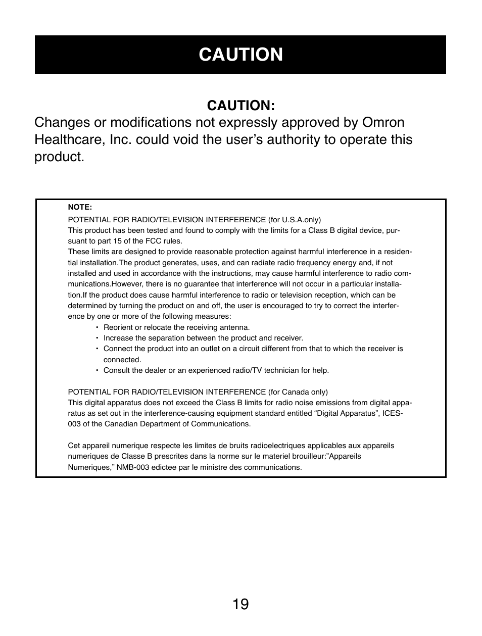 Caution | Omron Healthcare AUTOMATIC DIGITAL HEM-739 User Manual | Page 20 / 26