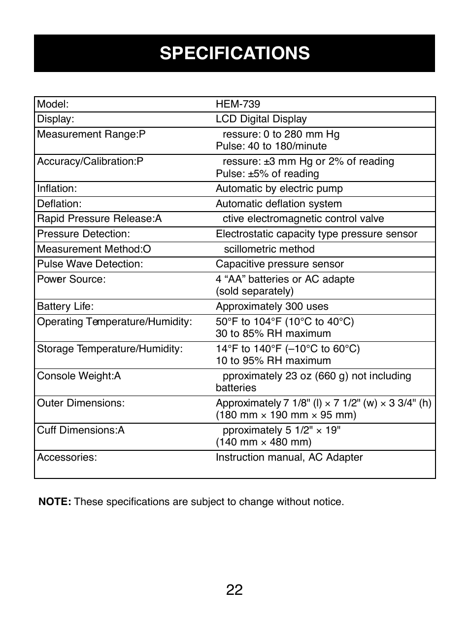 Specifications | Omron Healthcare AUTOMATIC DIGITAL HEM-739 User Manual | Page 23 / 26