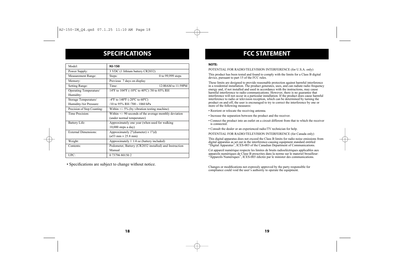 Fcc statement, Specifications | Omron Healthcare HJ-150 User Manual | Page 10 / 13