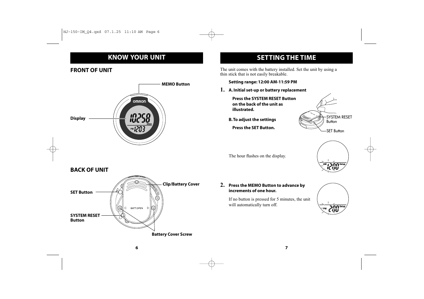 Setting the time, Know your unit | Omron Healthcare HJ-150 User Manual | Page 4 / 13