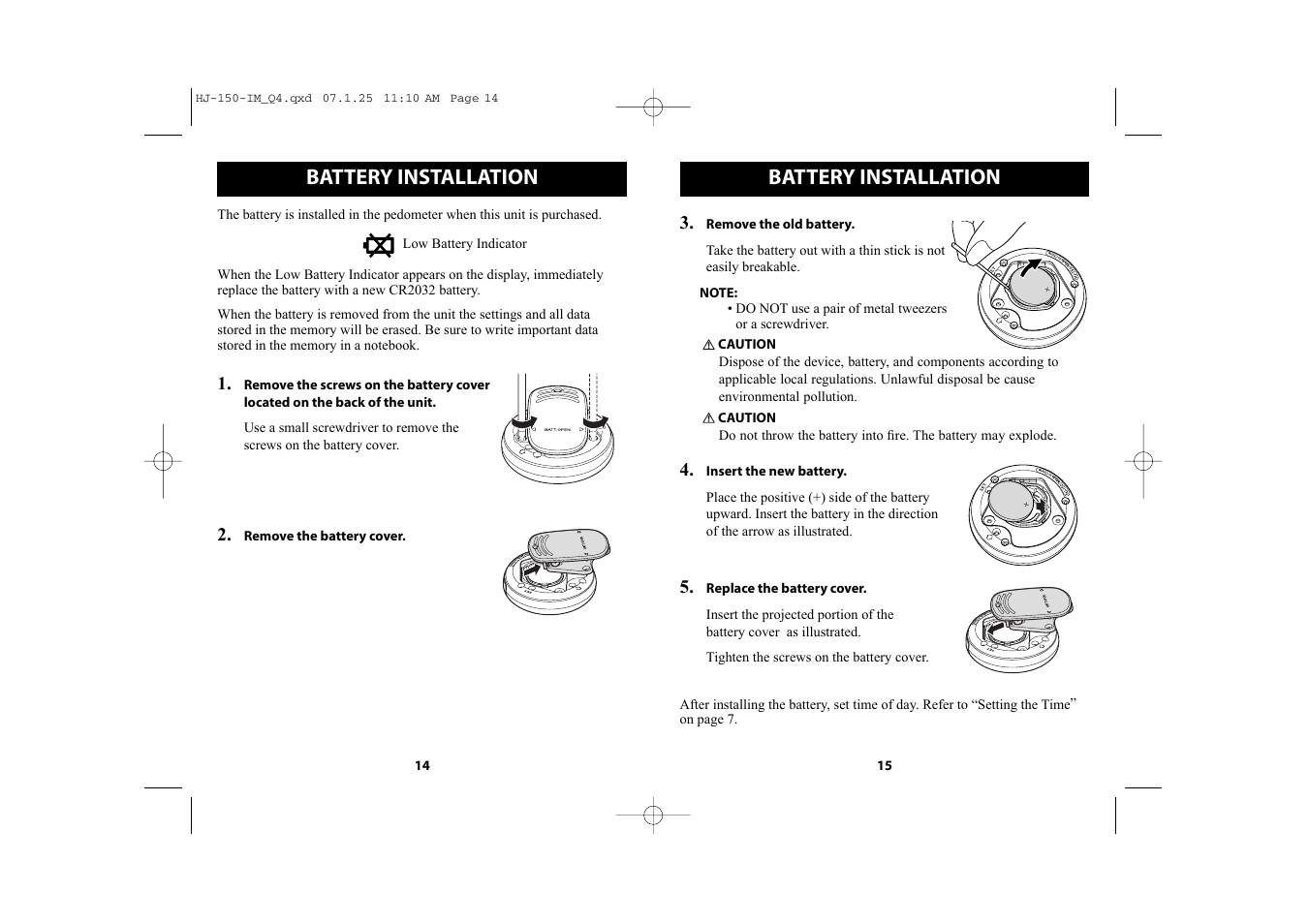 Battery installation | Omron Healthcare HJ-150 User Manual | Page 8 / 13