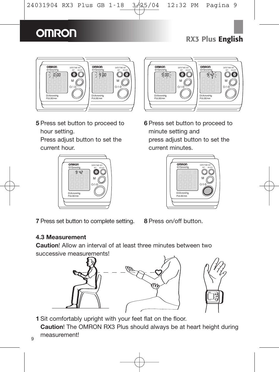 Rx3 plus english, Pulse/min, Adjust set date/time set | Omron Healthcare RX3 User Manual | Page 10 / 19