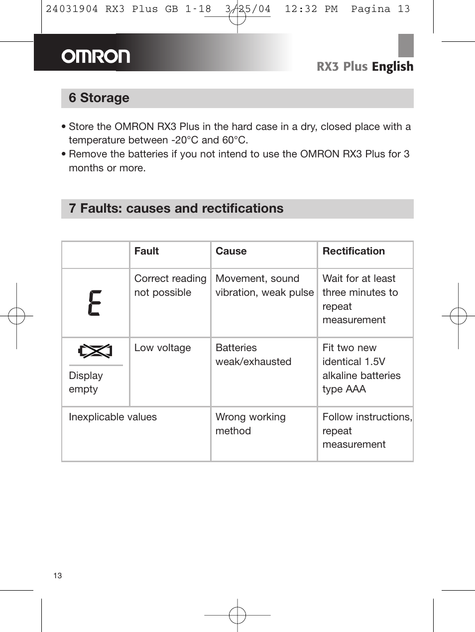 6 storage, 7 faults: causes and rectifications, Rx3 plus english | Omron Healthcare RX3 User Manual | Page 14 / 19