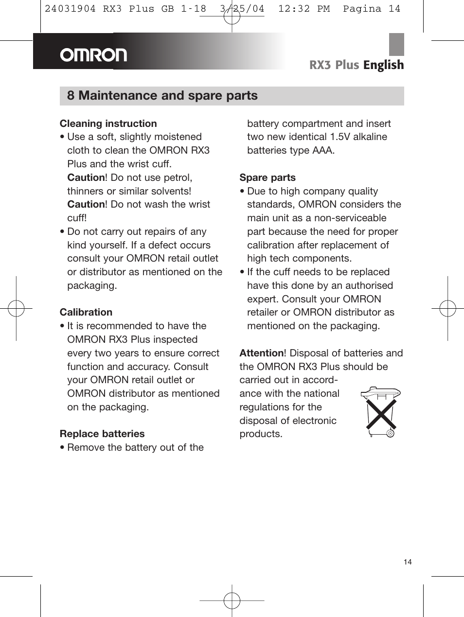 8 maintenance and spare parts, Rx3 plus english | Omron Healthcare RX3 User Manual | Page 15 / 19