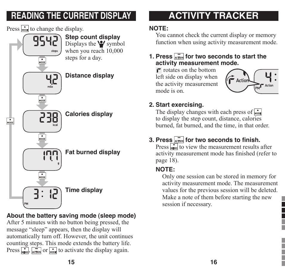 Reading the current display, Activity tracker | Omron Healthcare GO SMART HJ-203 User Manual | Page 10 / 15