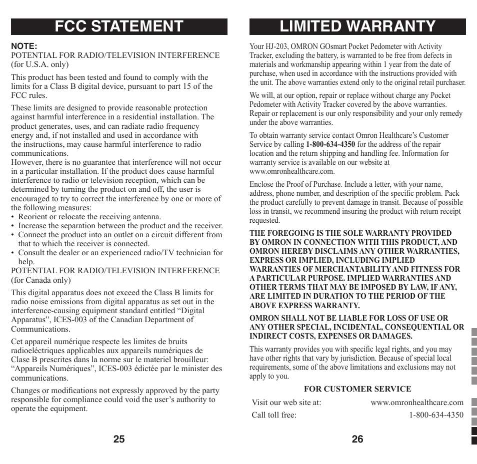 Fcc statement, Limited warranty | Omron Healthcare GO SMART HJ-203 User Manual | Page 15 / 15