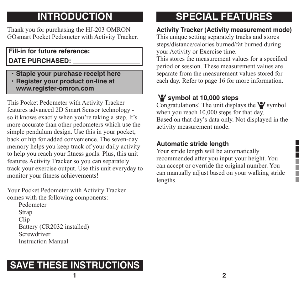 Before using the unit, Introduction, Special features | Introduction save these instructions | Omron Healthcare GO SMART HJ-203 User Manual | Page 2 / 15