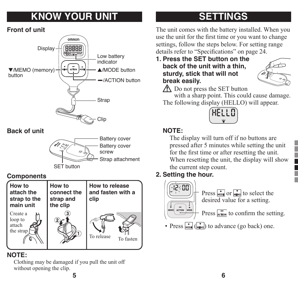 Know your unit, Settings | Omron Healthcare GO SMART HJ-203 User Manual | Page 4 / 15