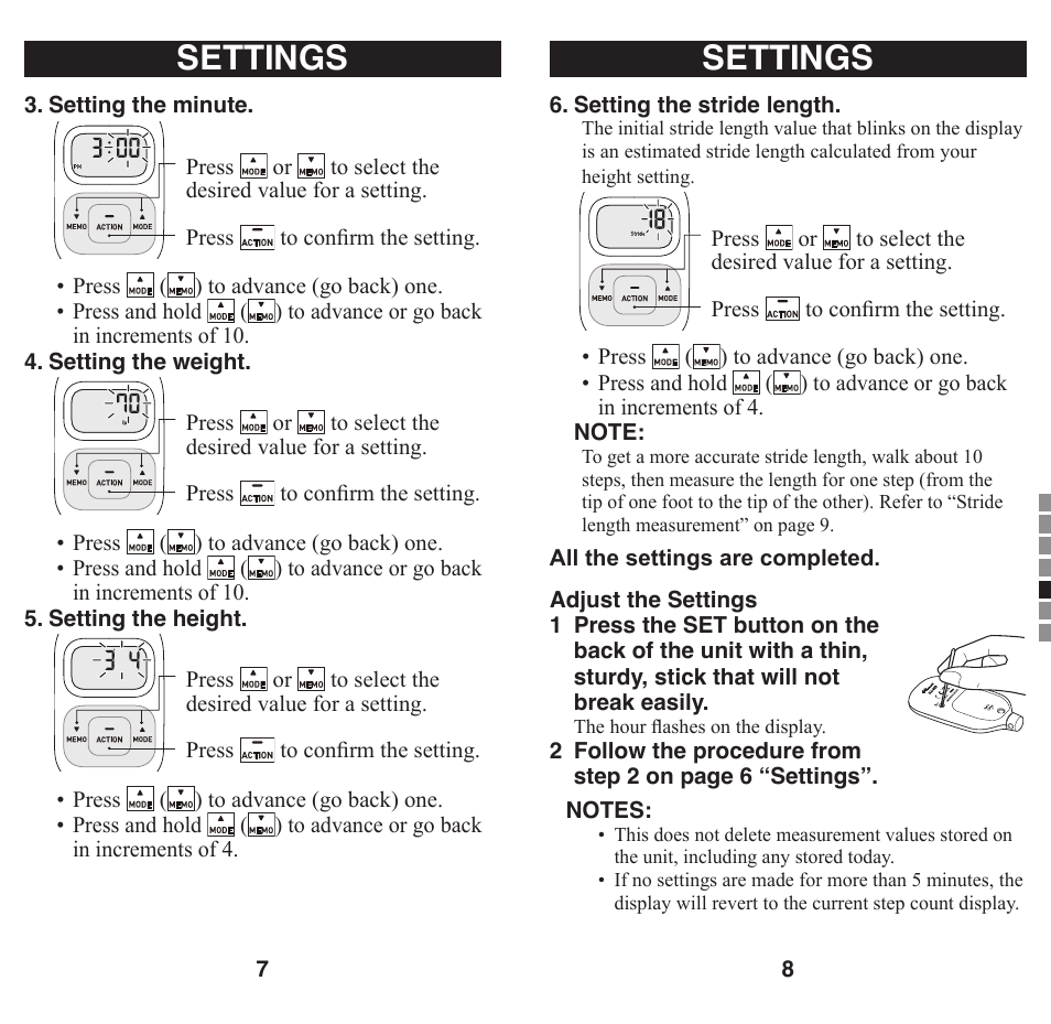 Settings | Omron Healthcare GO SMART HJ-203 User Manual | Page 5 / 15