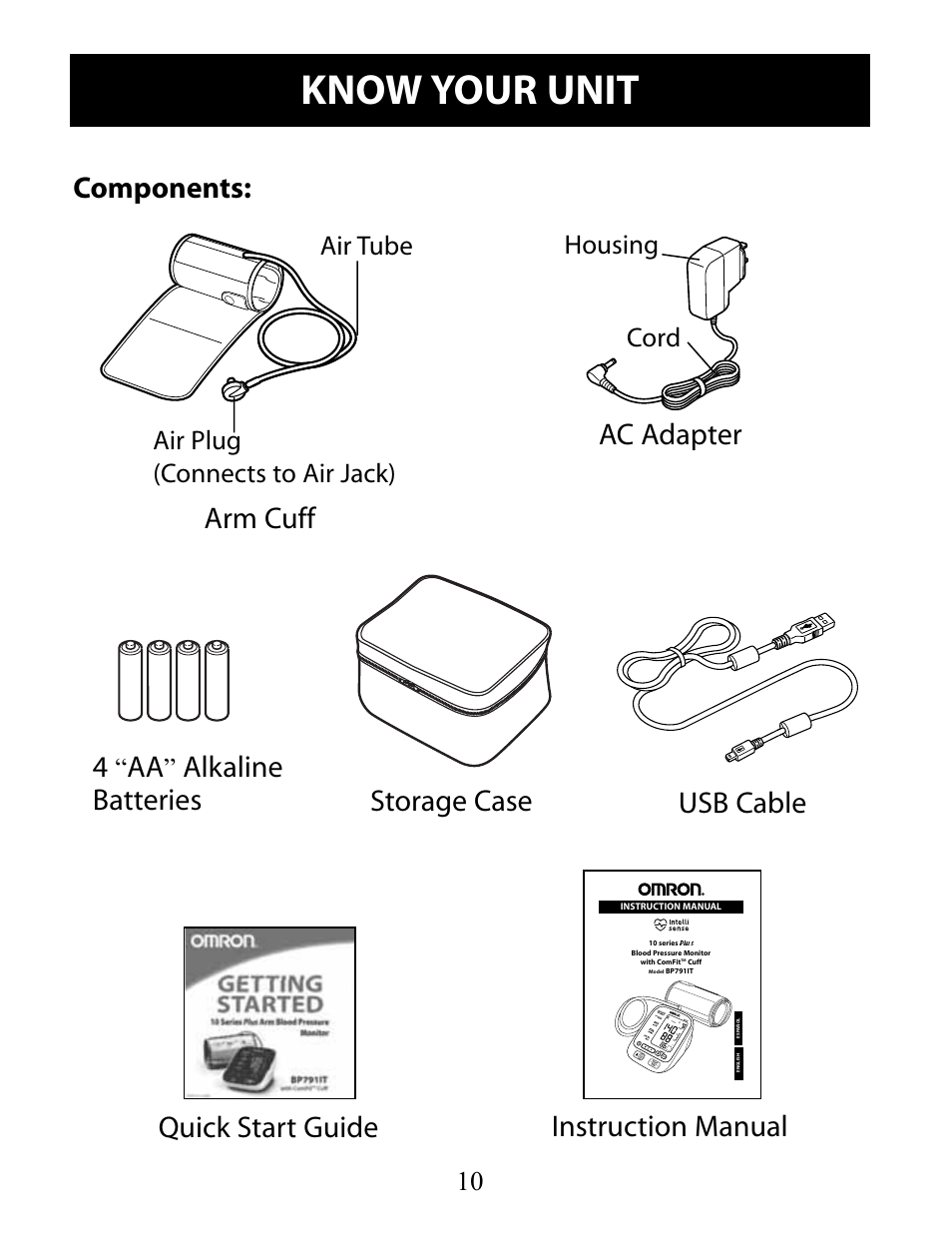 Know your unit, Components: arm cuff, Ac adapter storage case | Quick start guide instruction manual usb cable 4, Alkaline batteries, Air tube air plug (connects to air jack), Housing cord | Omron Healthcare 10 SERIES PLUS BP791IT User Manual | Page 10 / 60