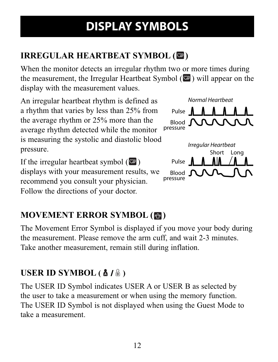 Display symbols, Irregular heartbeat symbol, Movement error symbol | User id symbol, Irregular heartbeat symbol ( ), Movement error symbol ( ) | Omron Healthcare 10 SERIES PLUS BP791IT User Manual | Page 12 / 60