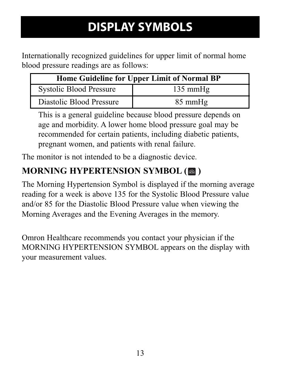 Morning hypertension symbol, Display symbols | Omron Healthcare 10 SERIES PLUS BP791IT User Manual | Page 13 / 60