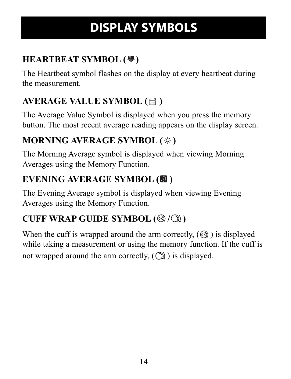 Heartbeat symbol, Average value symbol, Morning average symbol | Evening average symbol, Cuff wrap guide symbol, Display symbols | Omron Healthcare 10 SERIES PLUS BP791IT User Manual | Page 14 / 60