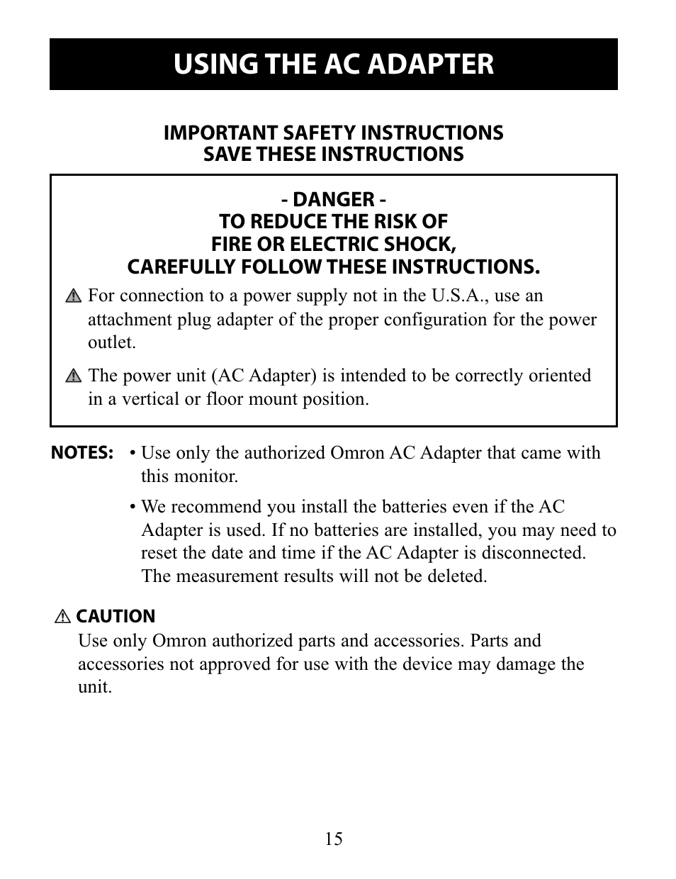Using the ac adapter | Omron Healthcare 10 SERIES PLUS BP791IT User Manual | Page 15 / 60
