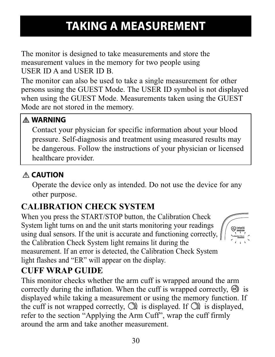 Taking a measurement, Calibration check system, Cuff wrap guide | Calibration check system cuff wrap guide | Omron Healthcare 10 SERIES PLUS BP791IT User Manual | Page 30 / 60