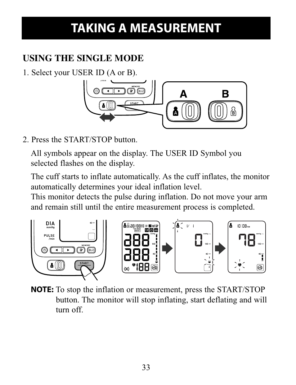 Using the single mode, Taking a measurement | Omron Healthcare 10 SERIES PLUS BP791IT User Manual | Page 33 / 60